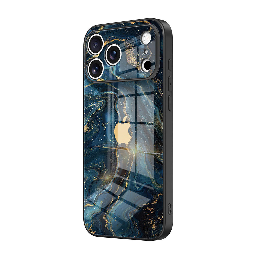 Blue abstract marbled iPhone case with glossy glass-effect finish