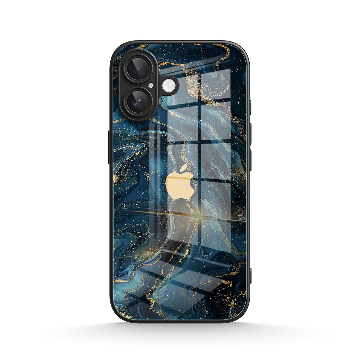 Blue abstract marbled iPhone case with glossy glass-effect finish