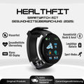 Round smartwatch with digital display, adjustable strap and metal-effect buckle