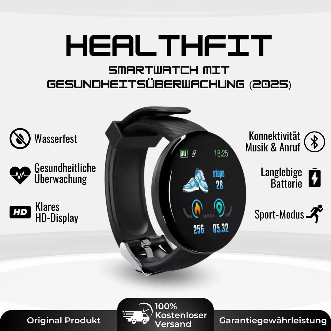 Round smartwatch with digital display, adjustable strap and metal-effect buckle