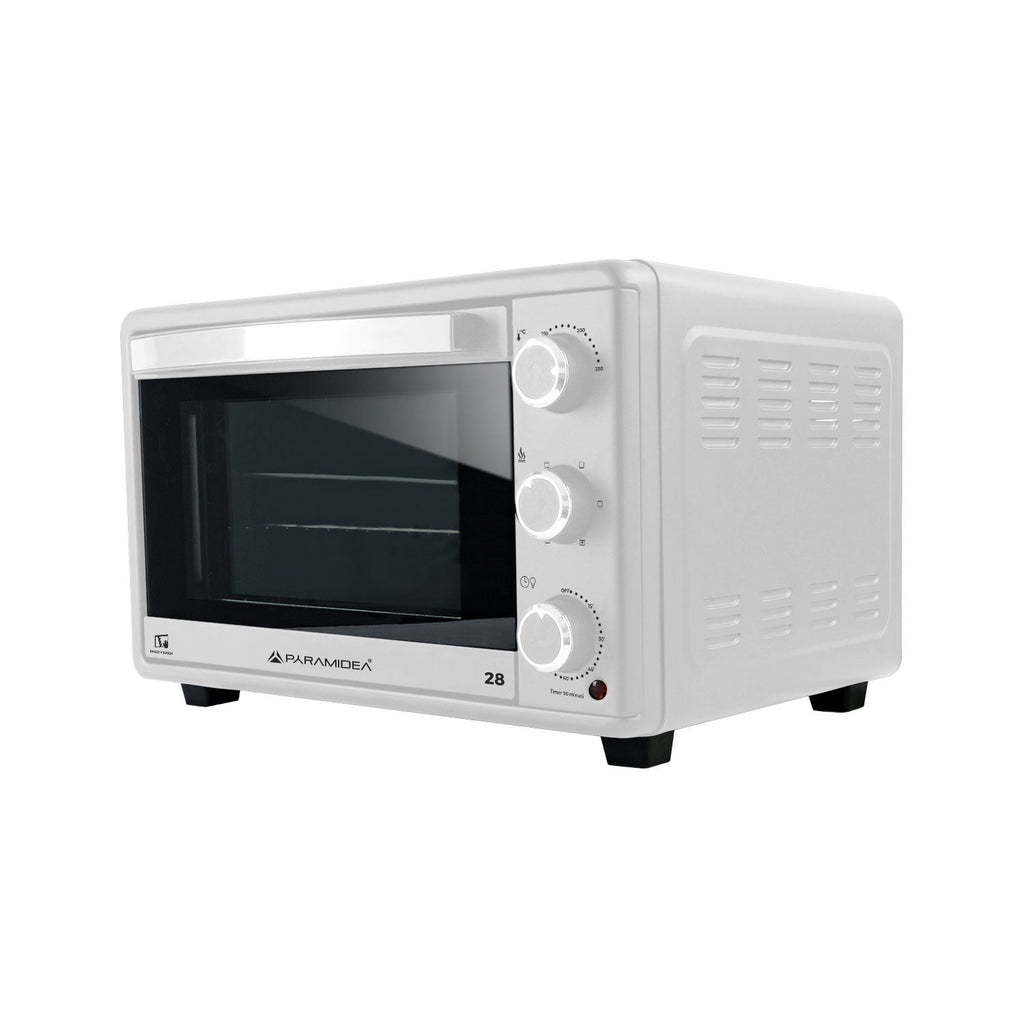 White 28 litre electric convection countertop oven with glass door and three control dials