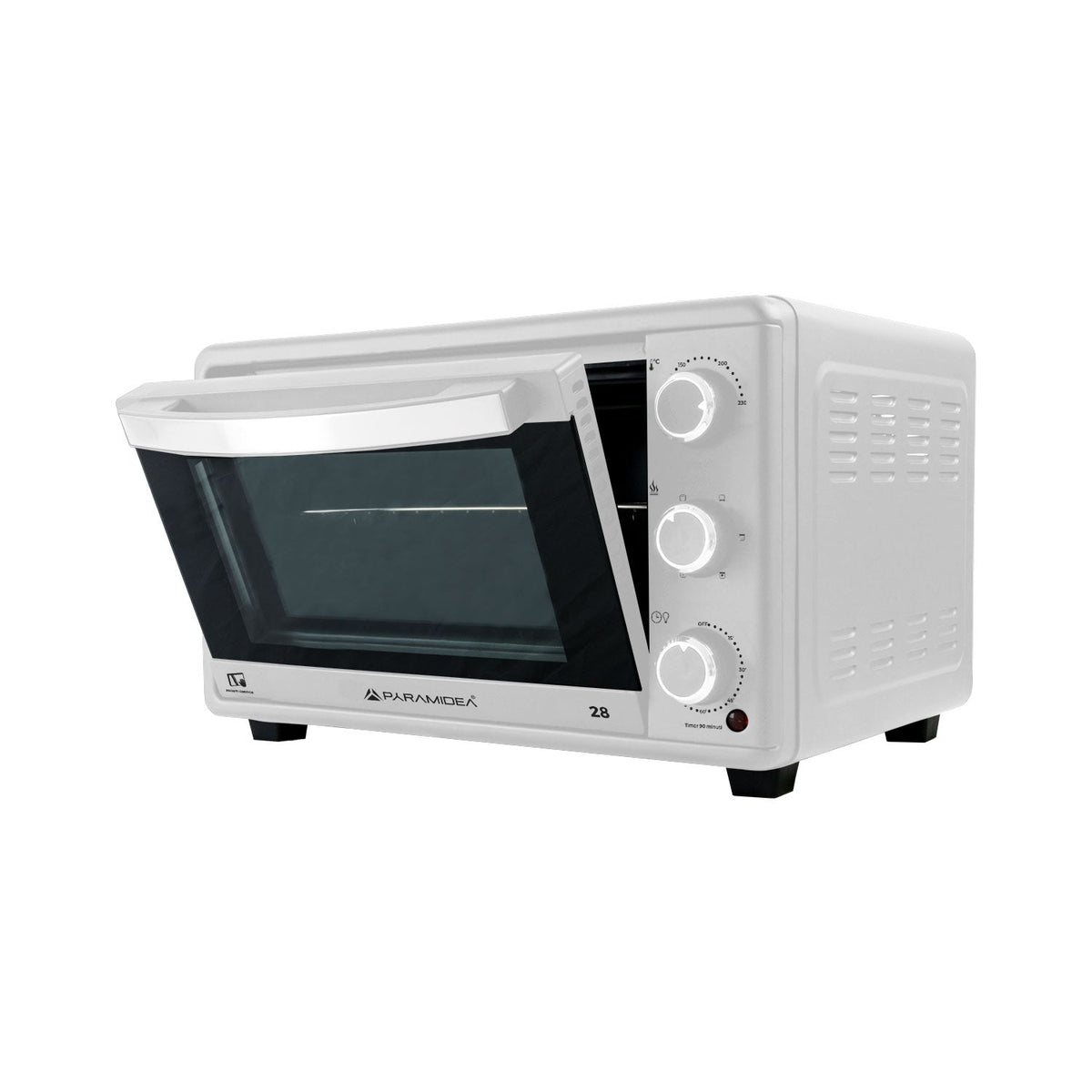 White 28 litre electric convection countertop oven with glass door and three control dials