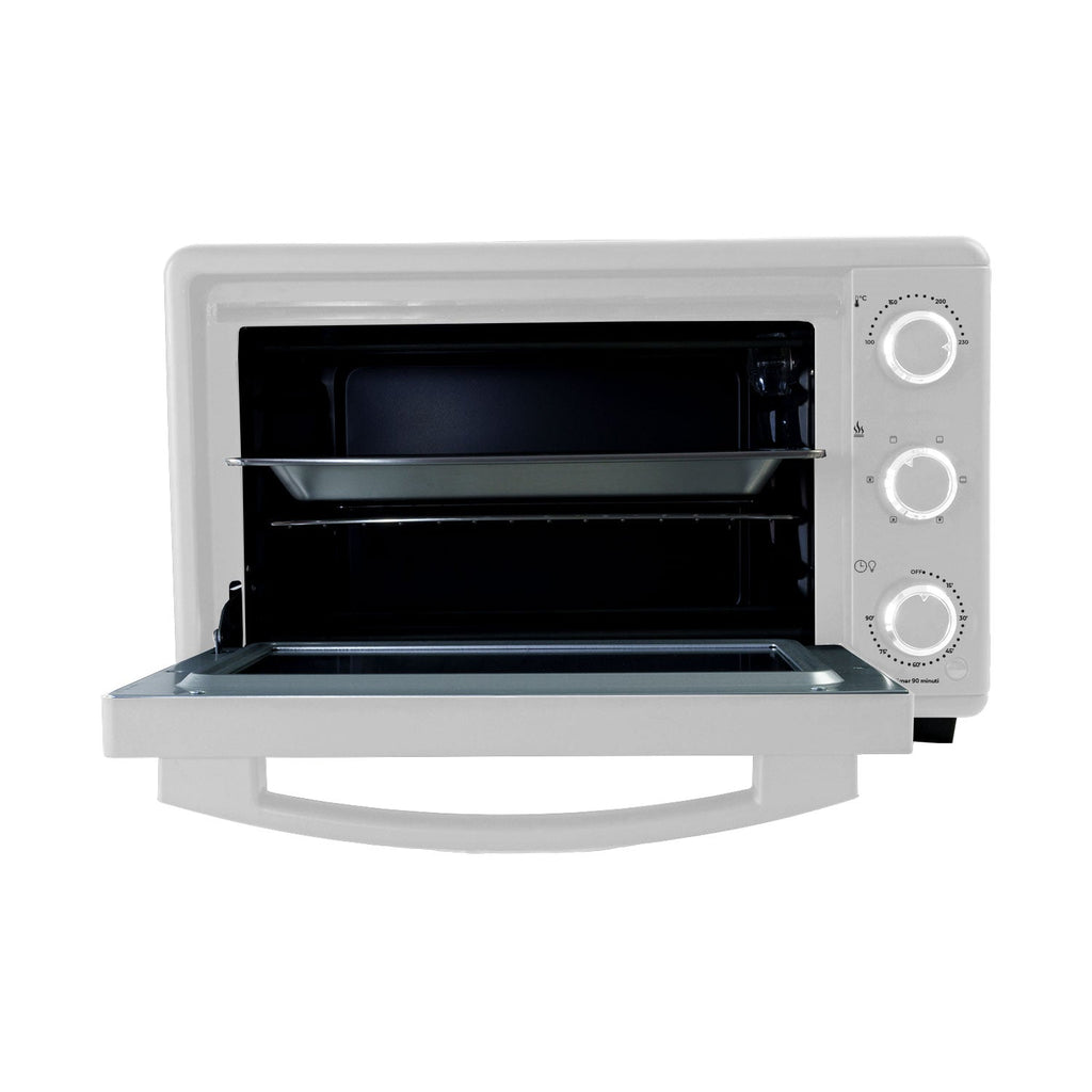 White 28 litre electric convection countertop oven with glass door and three control dials