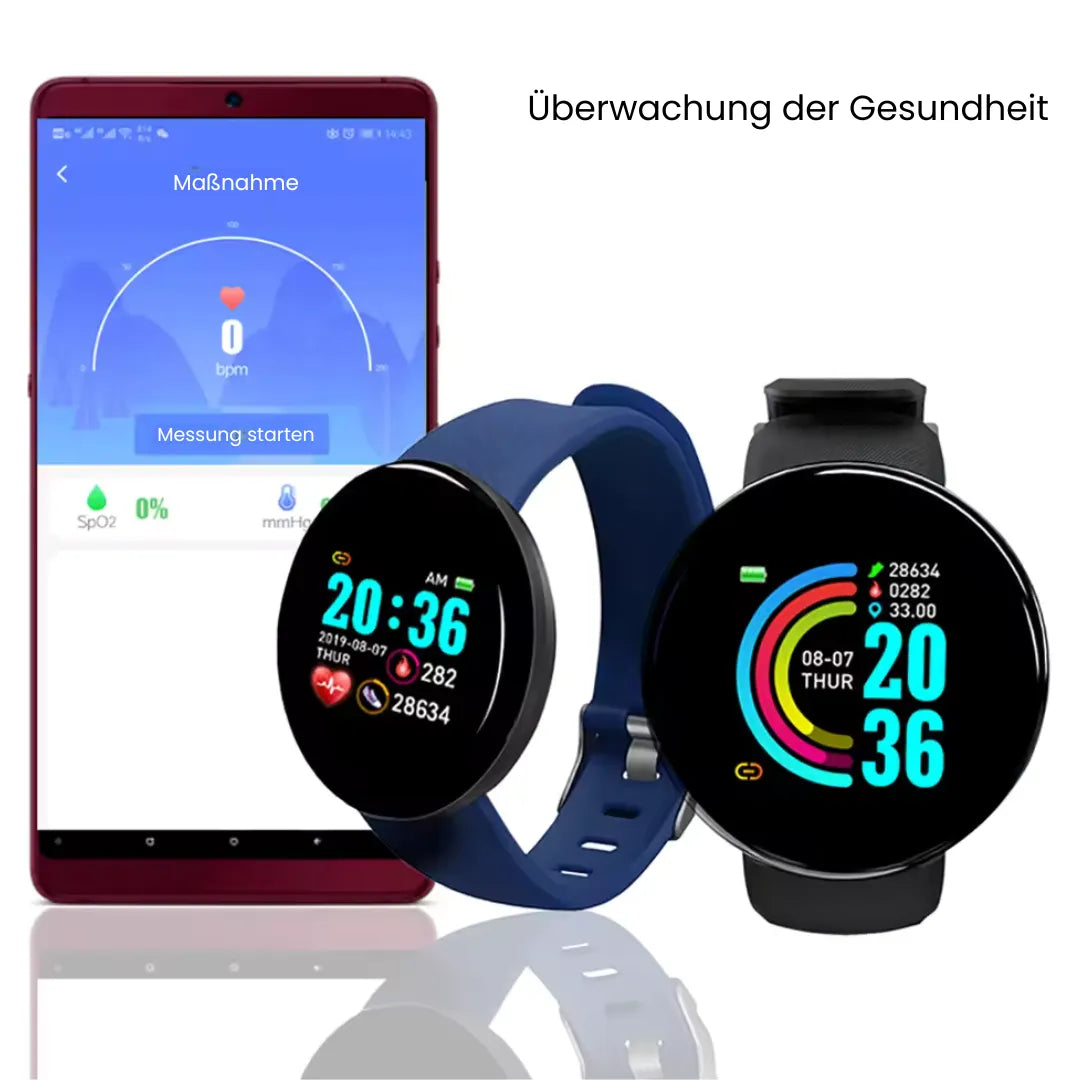 Round smartwatch with digital display, adjustable strap and metal-effect buckle