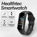 Wrist-worn health monitoring smartwatch with digital display and buckle strap
