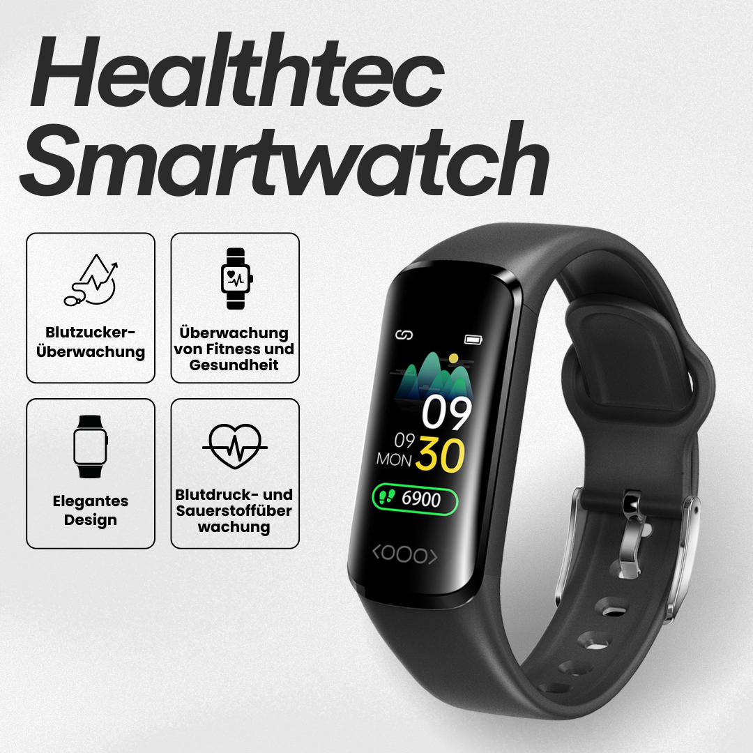 Wrist-worn health monitoring smartwatch with digital display and buckle strap