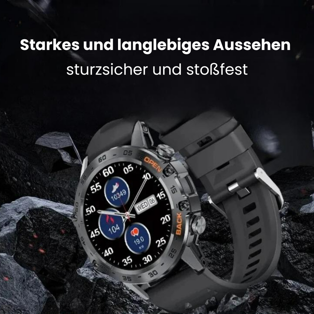 Round smartwatch with digital display, detailed bezel and perforated watch strap
