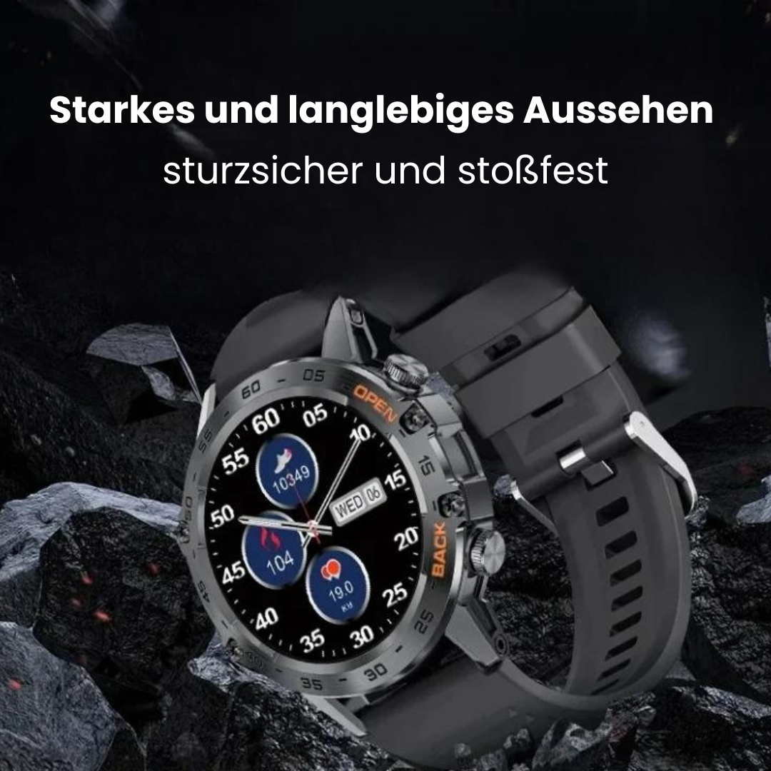 Round smartwatch with digital display, detailed bezel and perforated watch strap