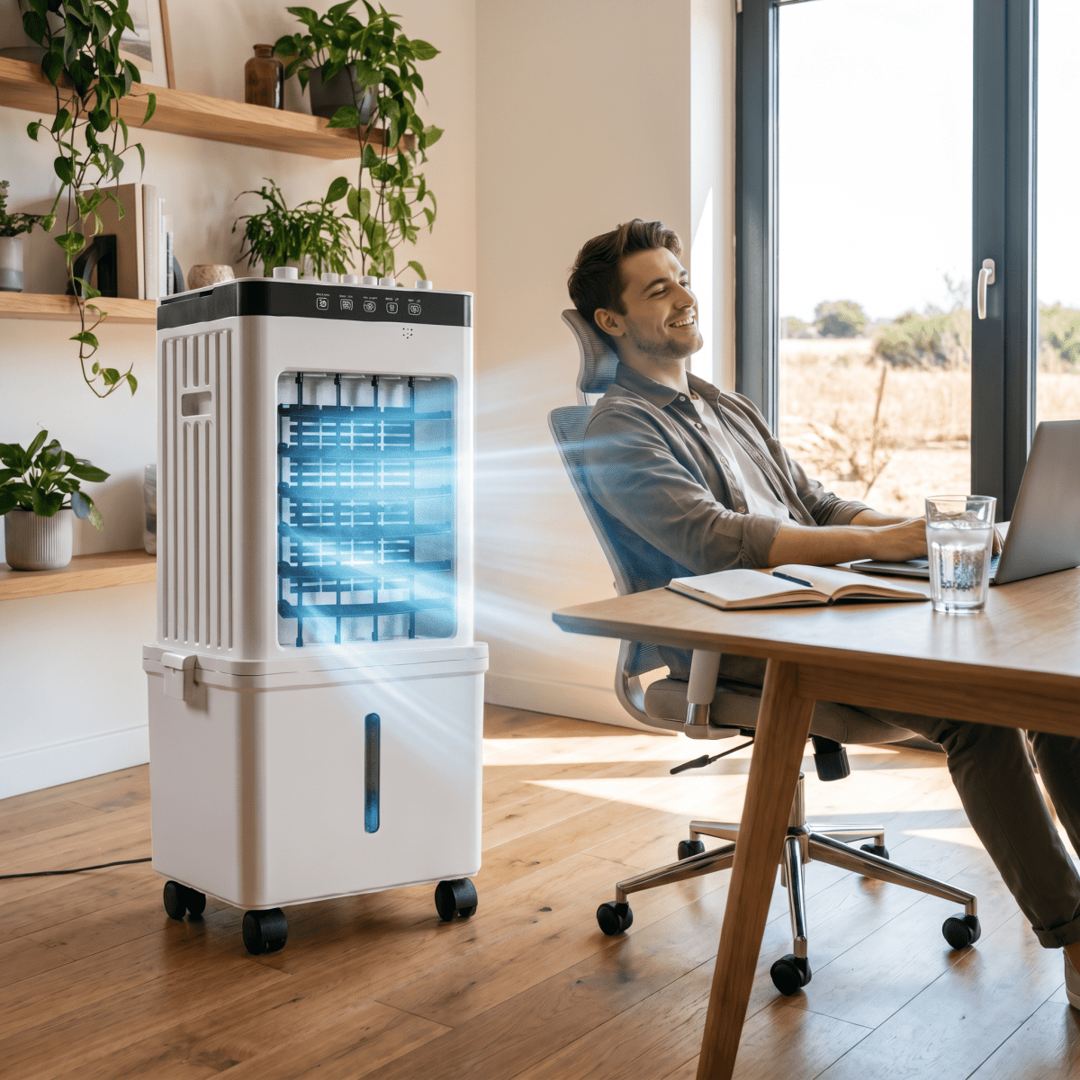 White portable air cooler and fan on wheels