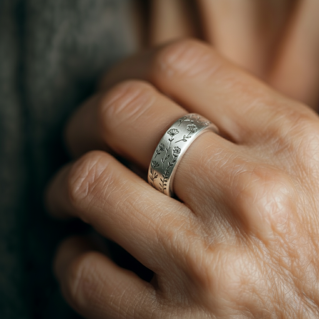 Silver-tone ring with engraved wildflower and botanical designs