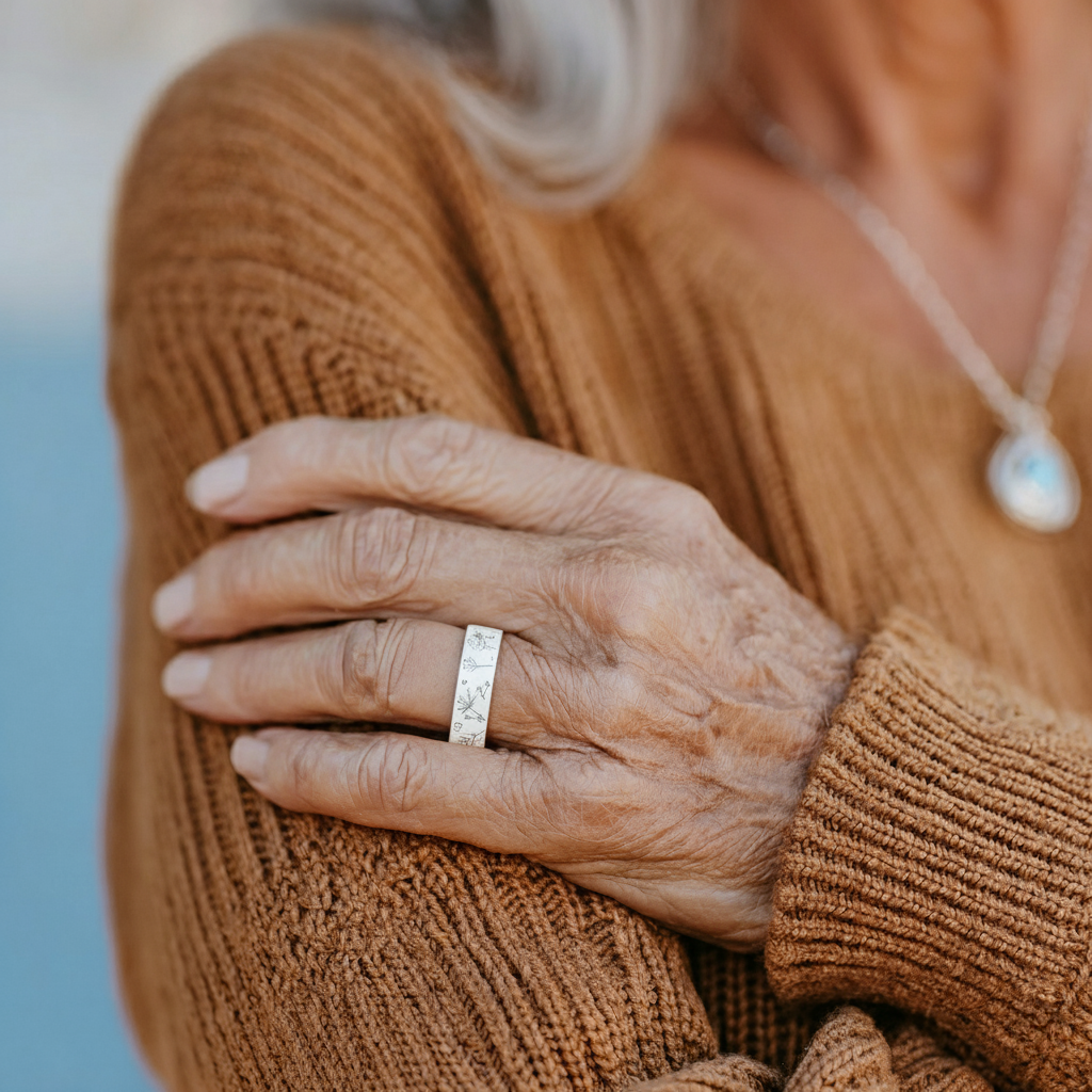 Silver-tone ring with engraved wildflower and botanical designs