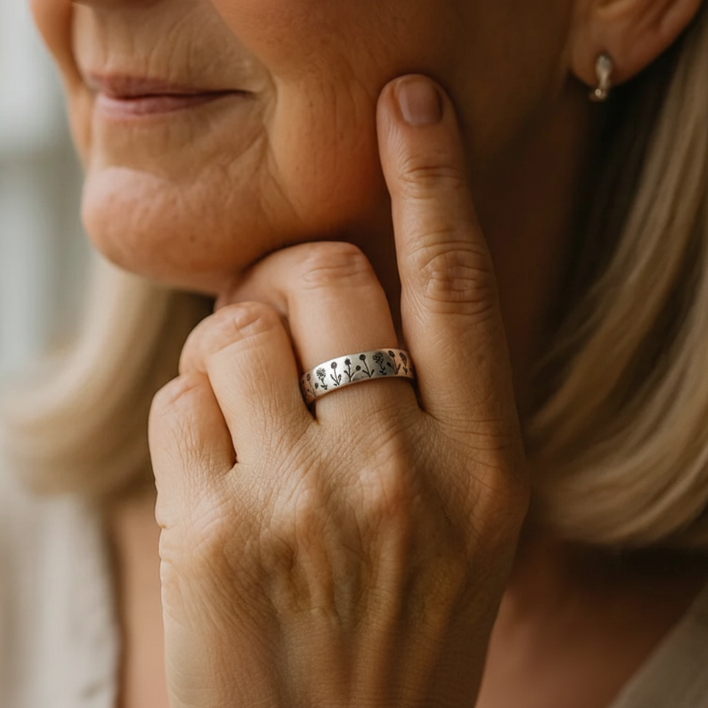 Silver-tone ring with engraved wildflower and botanical designs