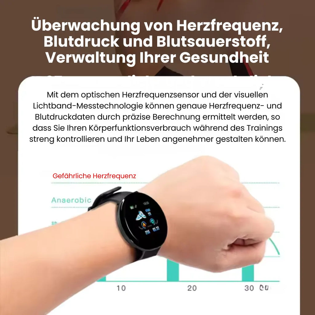 Round smartwatch with digital display, adjustable strap and metal-effect buckle