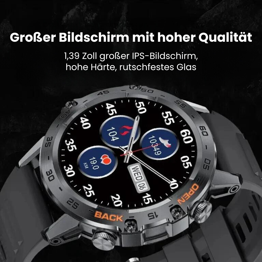 Round smartwatch with digital display, detailed bezel and perforated watch strap