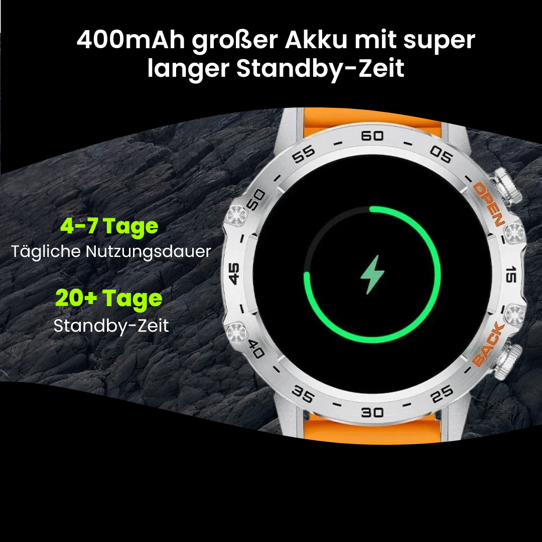 Round smartwatch with digital display, detailed bezel and perforated watch strap