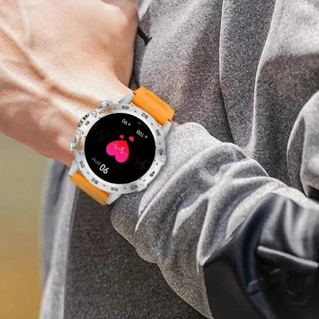 Round smartwatch with digital display, detailed bezel and perforated watch strap
