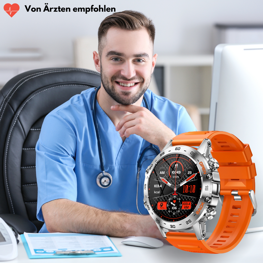 Round smartwatch with digital display, detailed bezel and perforated watch strap