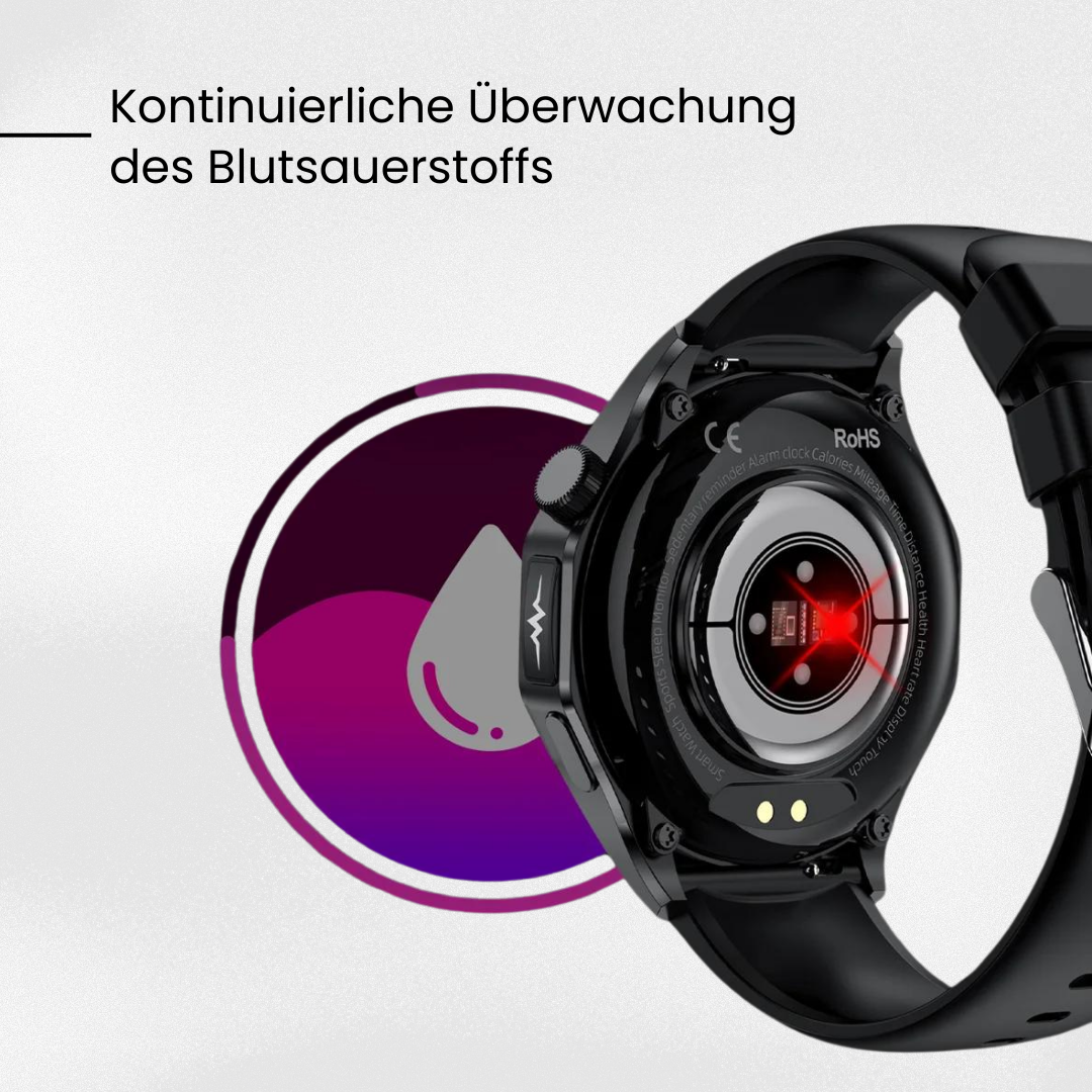 Black health monitoring smartwatch with round digital display and SOS function