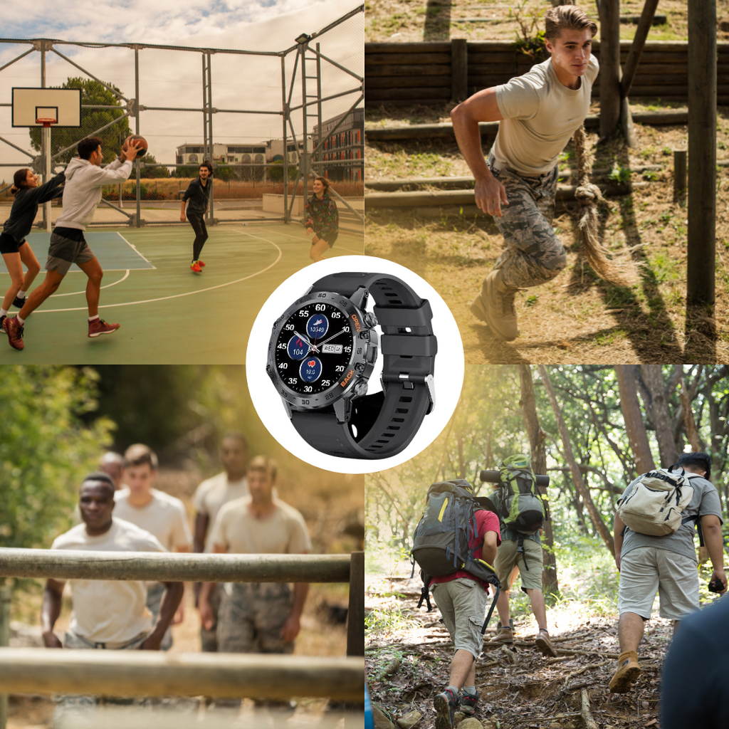 Round smartwatch with digital display, detailed bezel and perforated watch strap