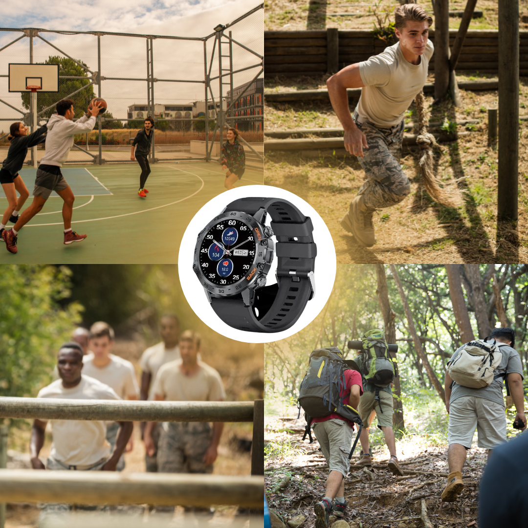 Round smartwatch with digital display, detailed bezel and perforated watch strap