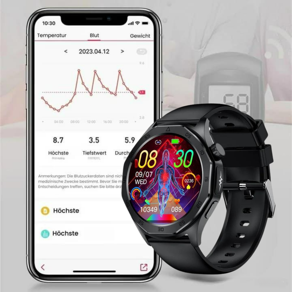 Black health monitoring smartwatch with round digital display and SOS function