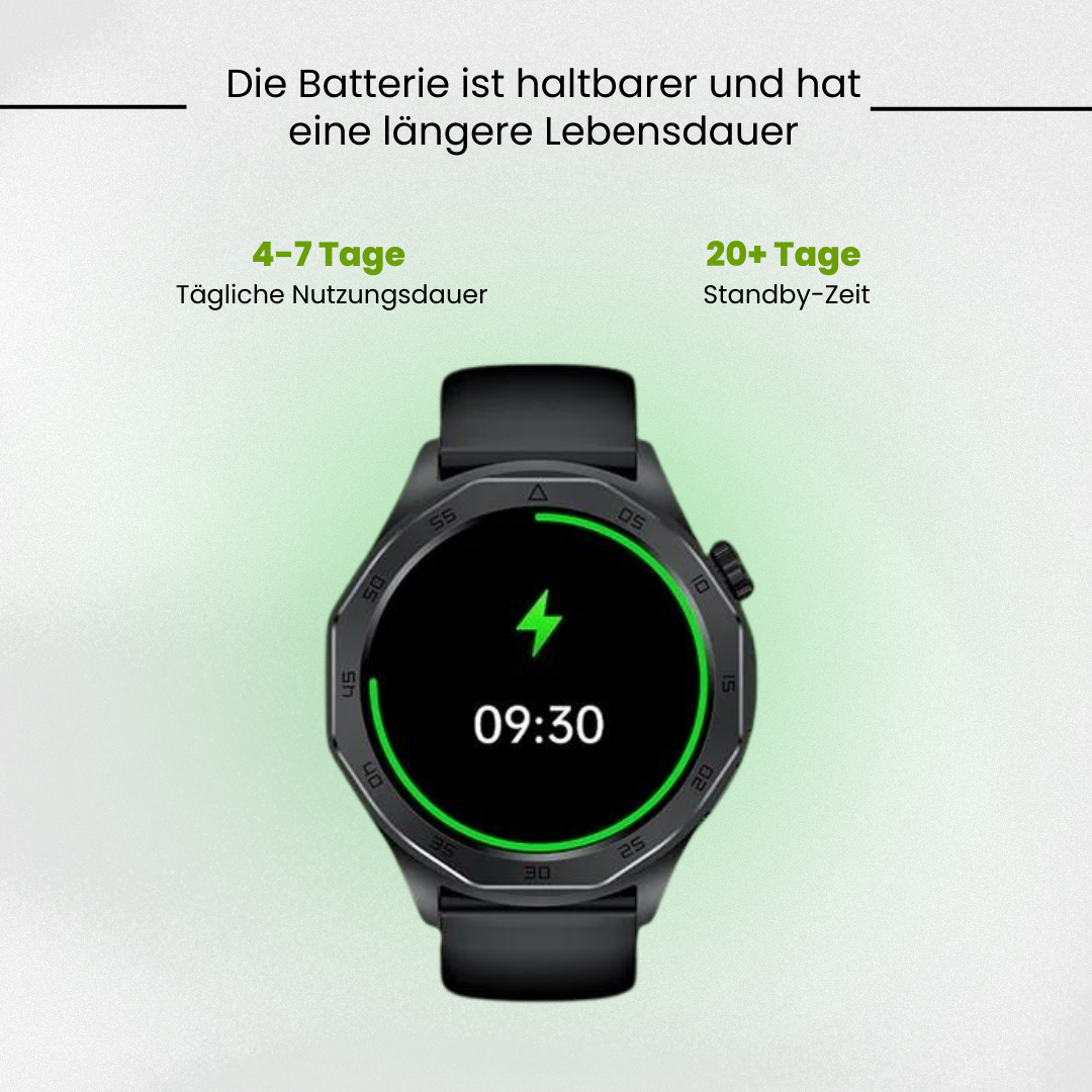 Black health monitoring smartwatch with round digital display and SOS function