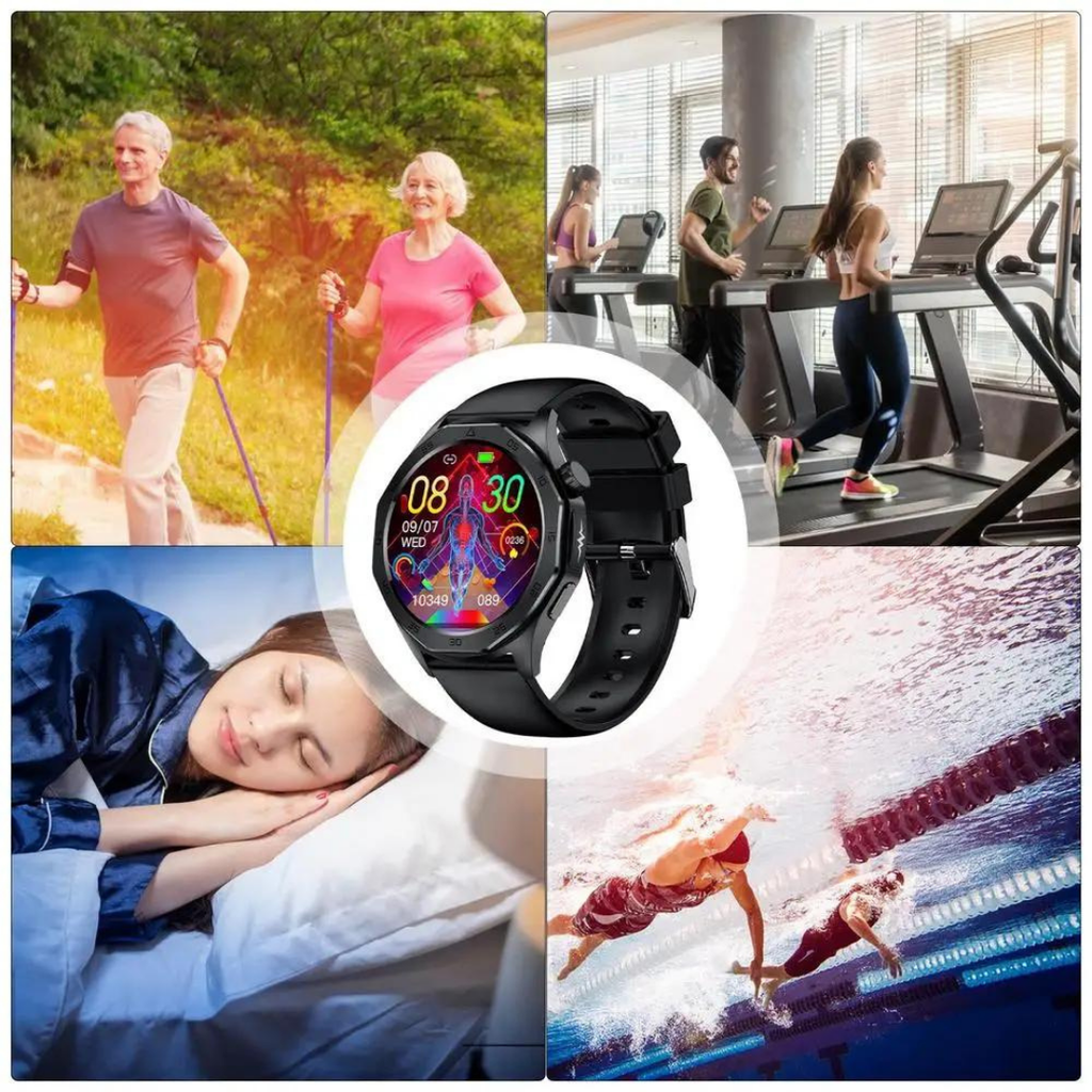 Black health monitoring smartwatch with round digital display and SOS function