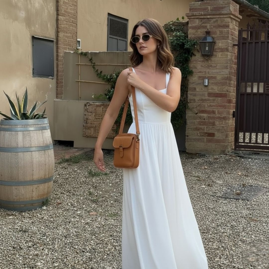 Structured crossbody bag with flap closure and long shoulder strap