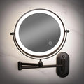 Black wall mounted LED makeup mirror with illuminated rim and adjustable arm