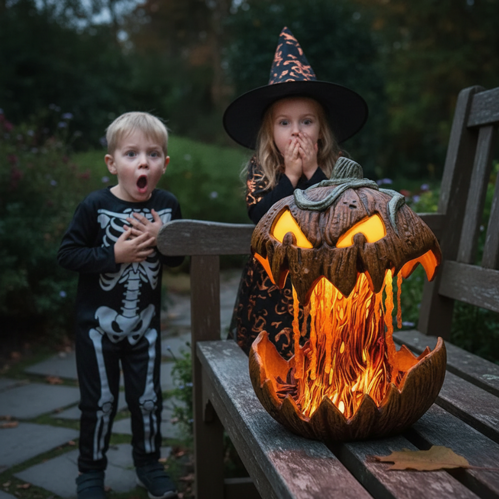 Brown carved Halloween pumpkin lantern with a glowing flame design