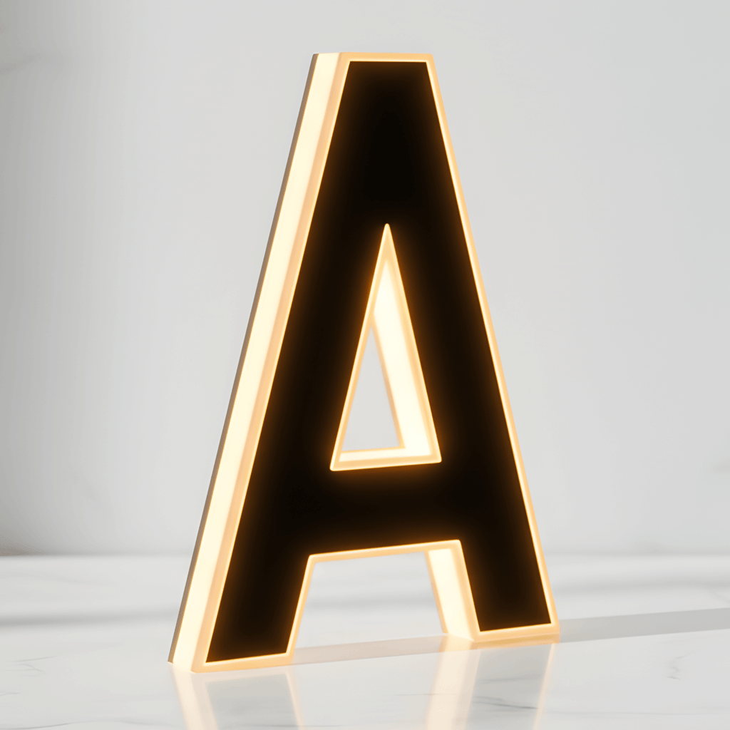 Black solar-powered illuminated house letter lamp with warm white outline