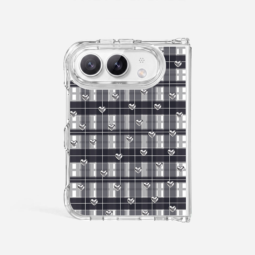 Clear iPhone case with gray plaid pattern and silver heart details
