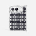 Clear iPhone case with gray plaid pattern and silver heart details