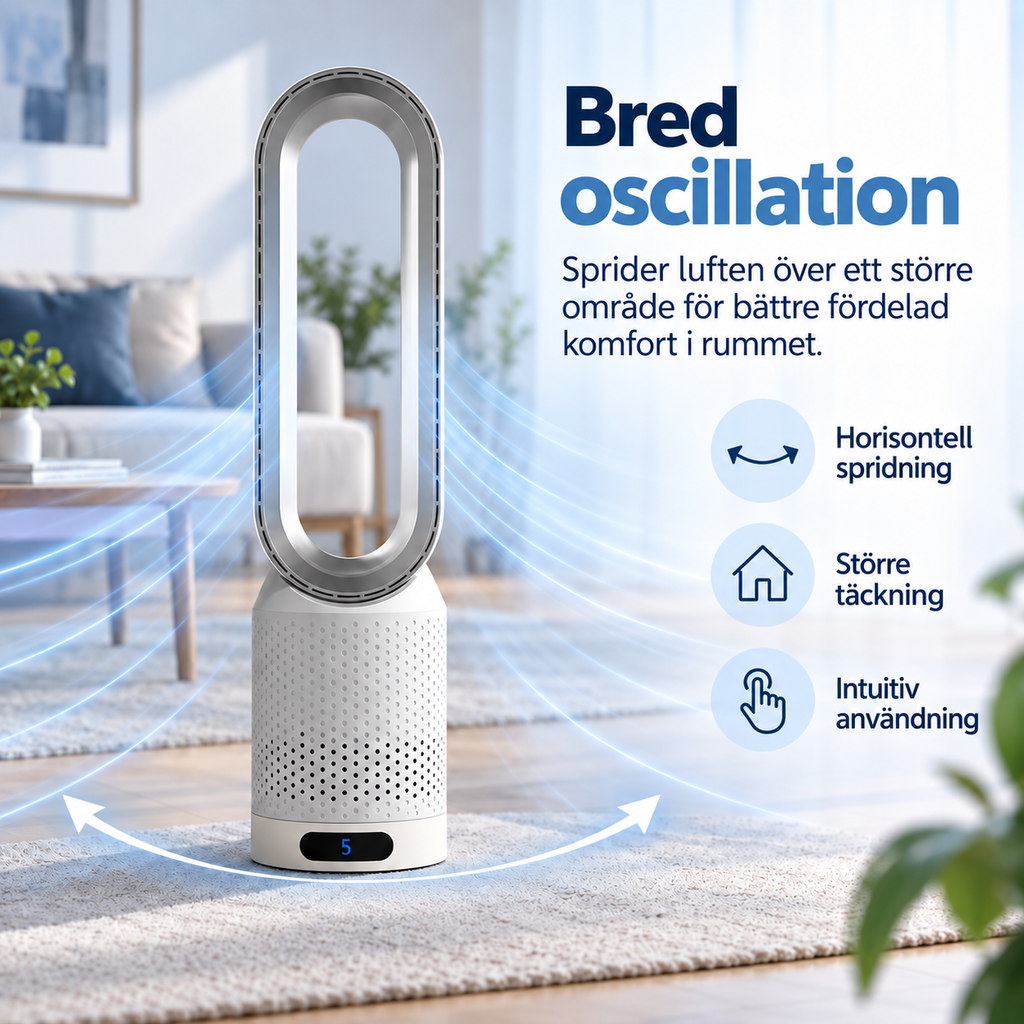Bladeless tower fan with oval airflow opening and digital display