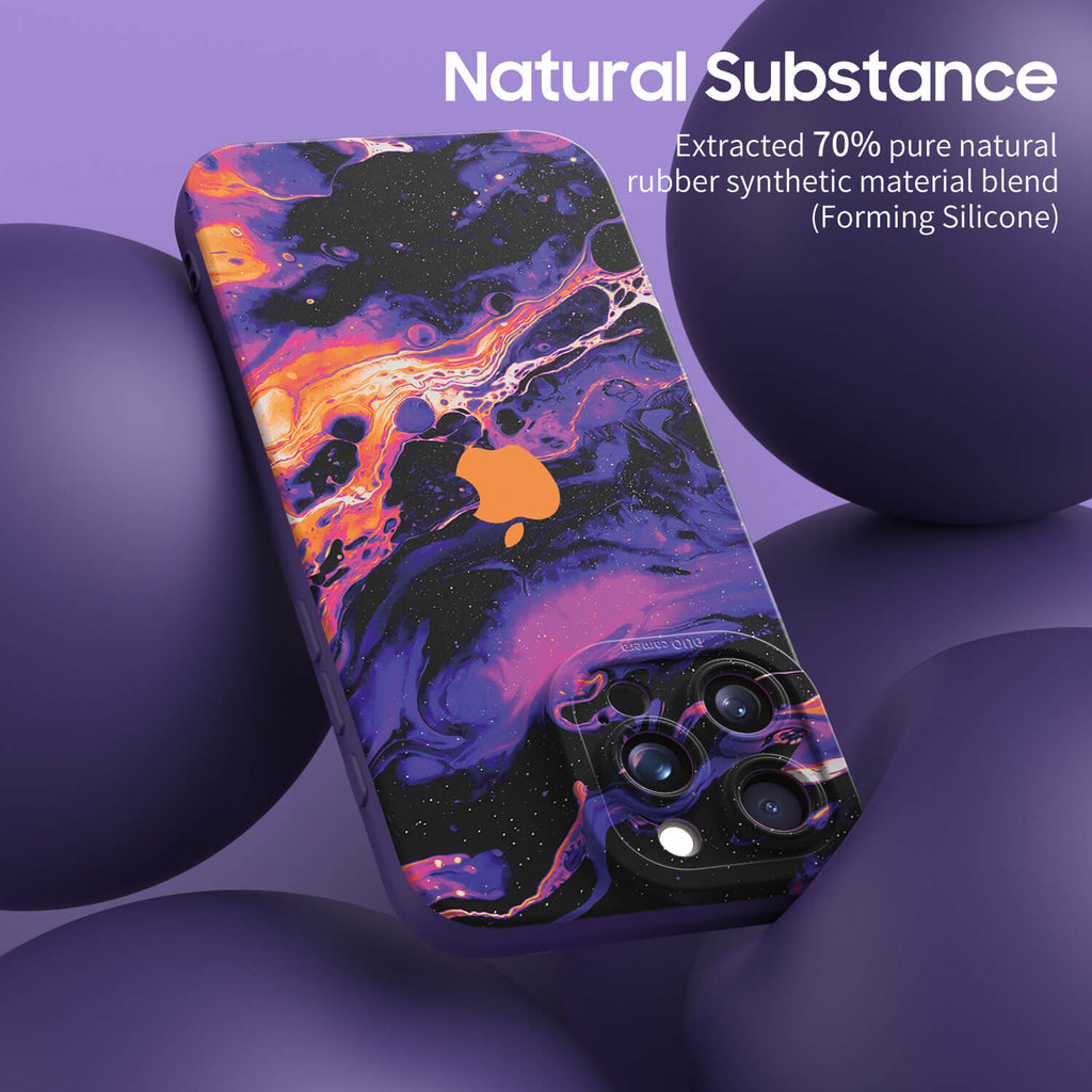 Purple abstract marbled silicone iPhone case with camera and side button cutouts