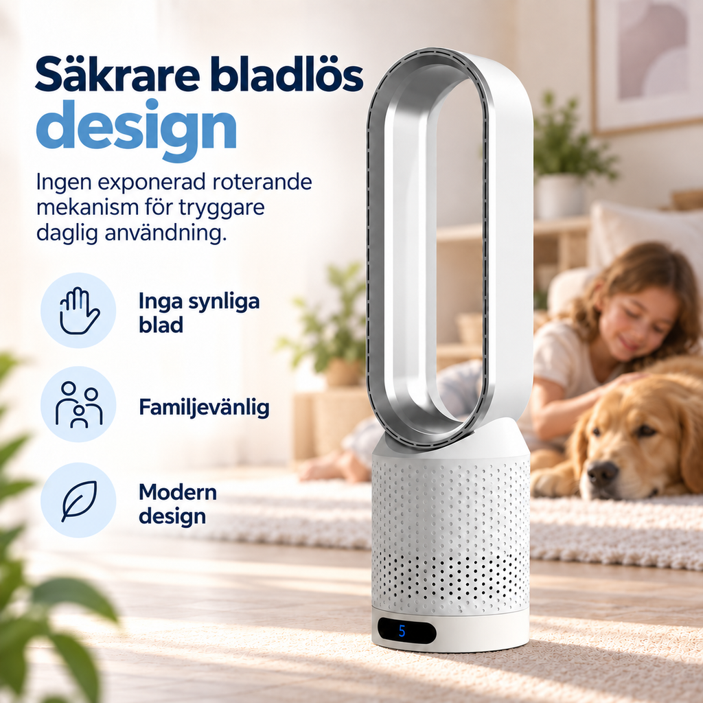 Bladeless tower fan with oval airflow opening and digital display