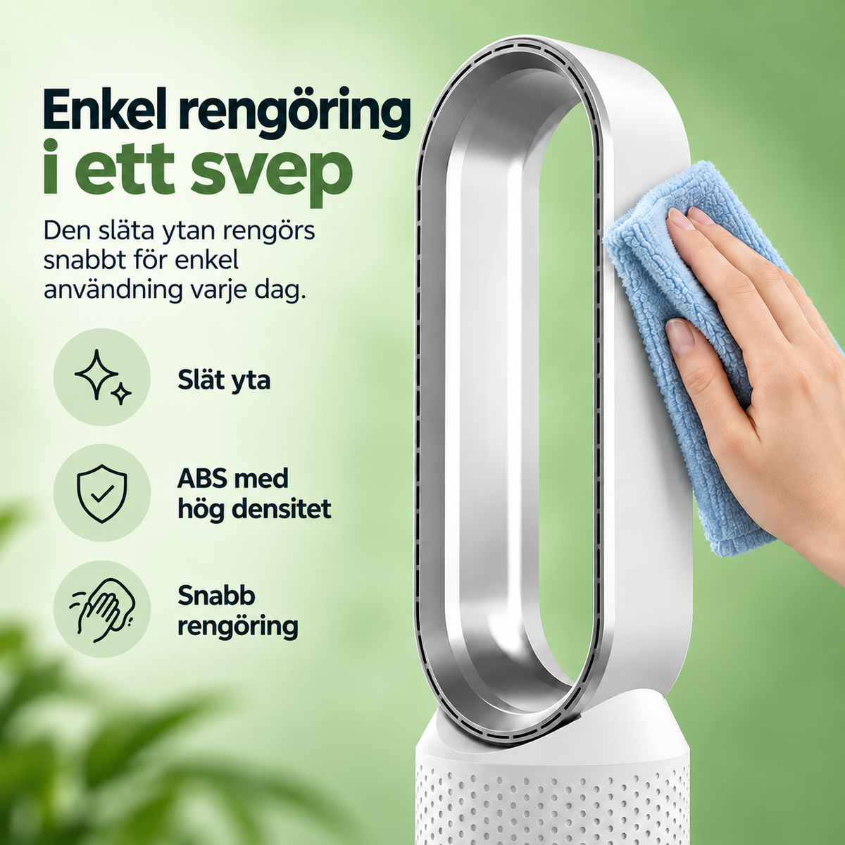 Bladeless tower fan with oval airflow opening and digital display