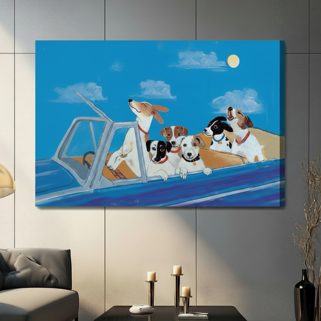 Blue canvas wall art showing several dogs riding in a car beneath a moonlit sky