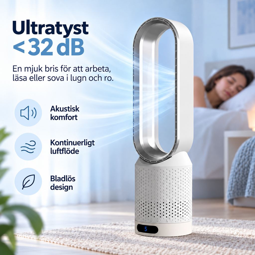 Bladeless tower fan with oval airflow opening and digital display