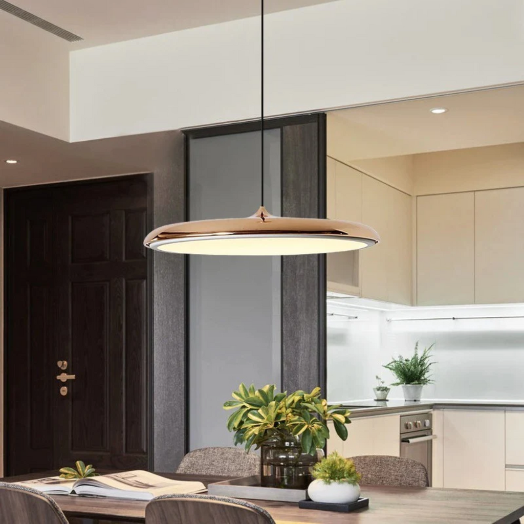 Scandinavian pendant ceiling light with a slim disc shade and suspended cord