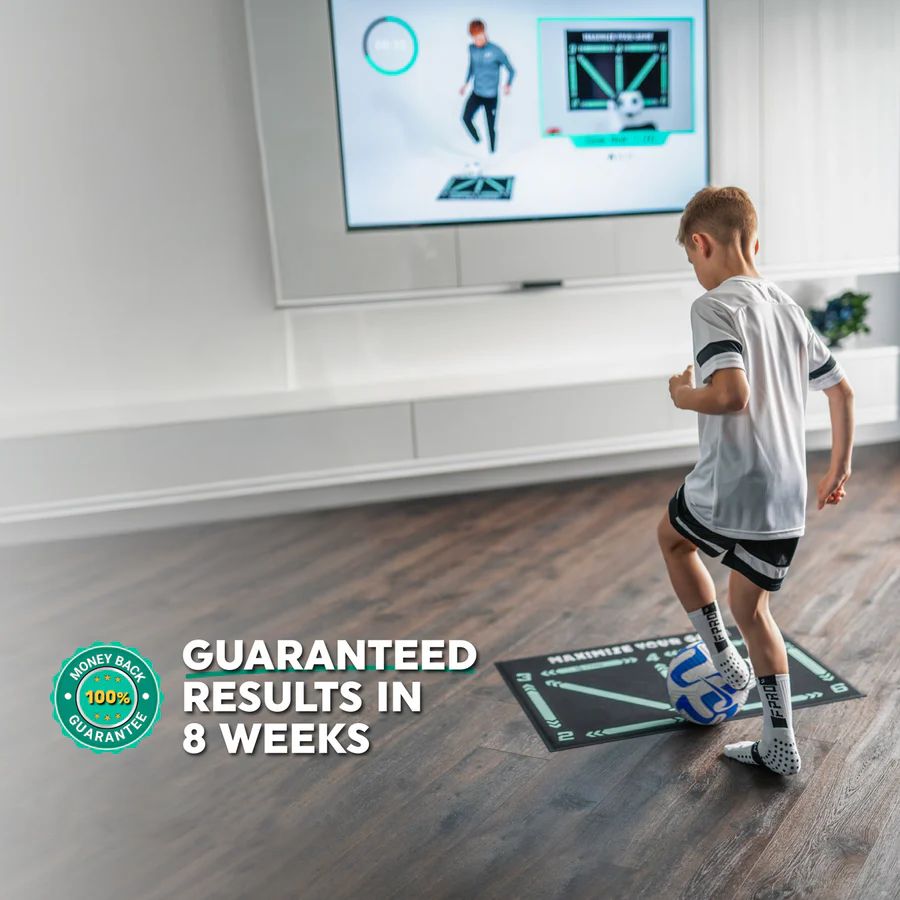 Black football training mat with turquoise arrows and numbered drill positions