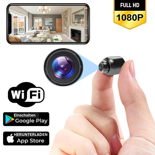 Compact black Full HD WiFi indoor security camera with lens