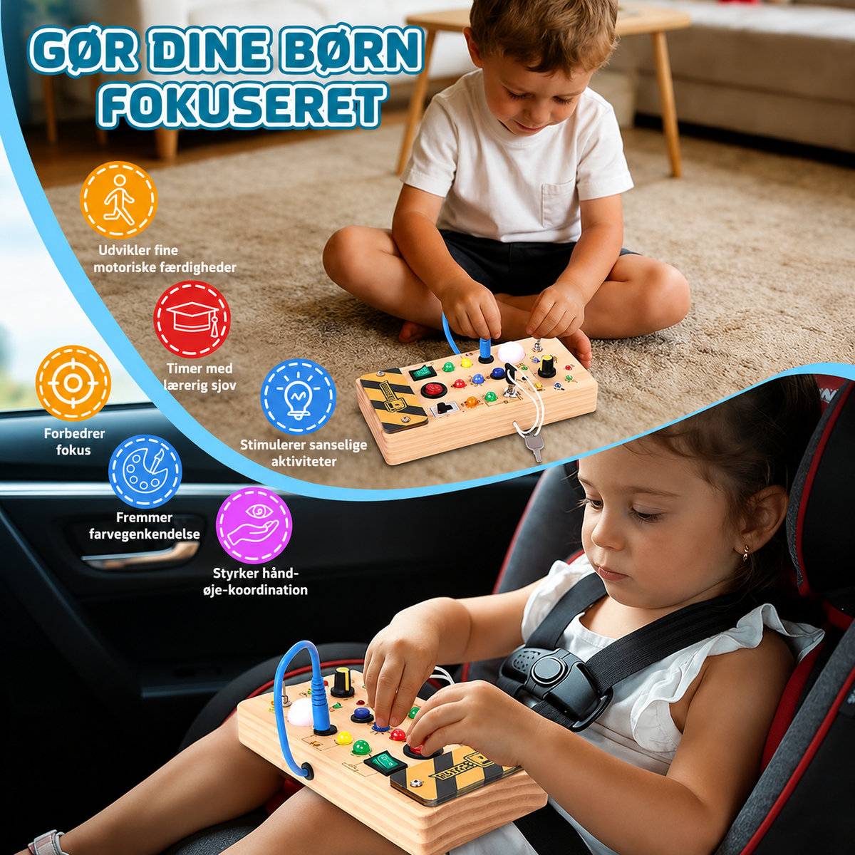 Wood-effect children's activity board with colourful lights, switches, buttons, knobs and keys