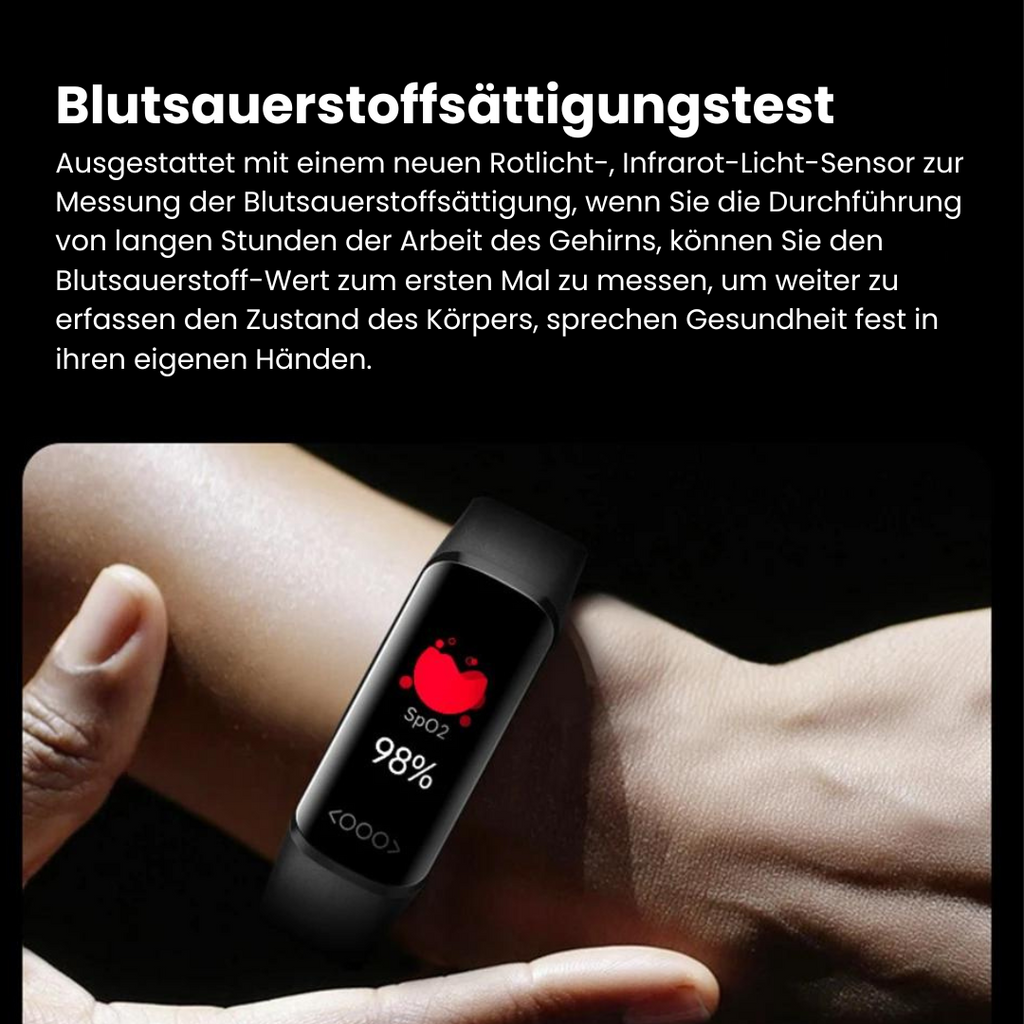 Wrist-worn health monitoring smartwatch with digital display and buckle strap
