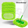 Reusable green floor mop pad with long fibres and silver handle