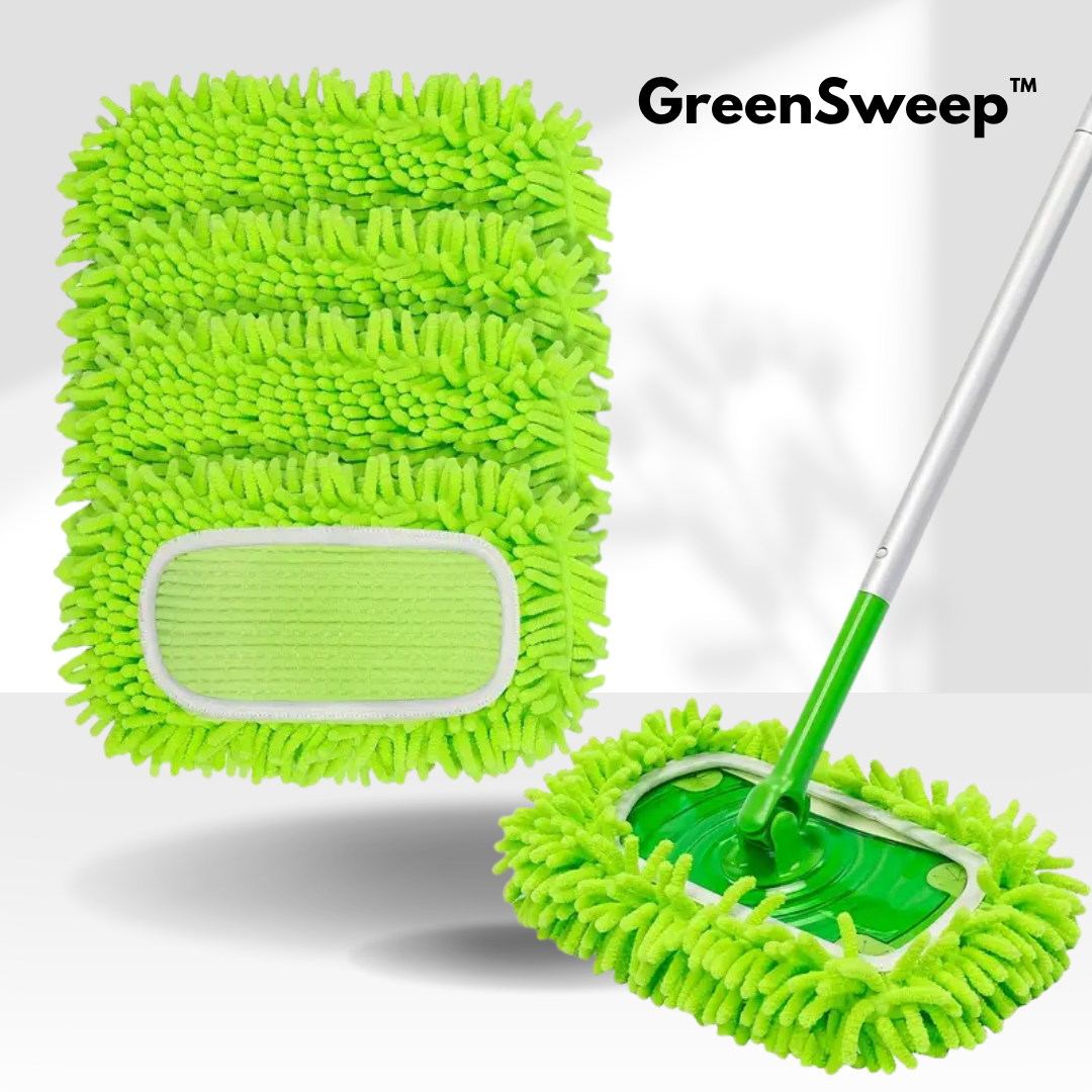 Reusable green floor mop pad with long fibres and silver handle