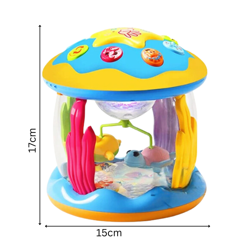 Colourful rotating baby activity toy with musical buttons and sea-life details