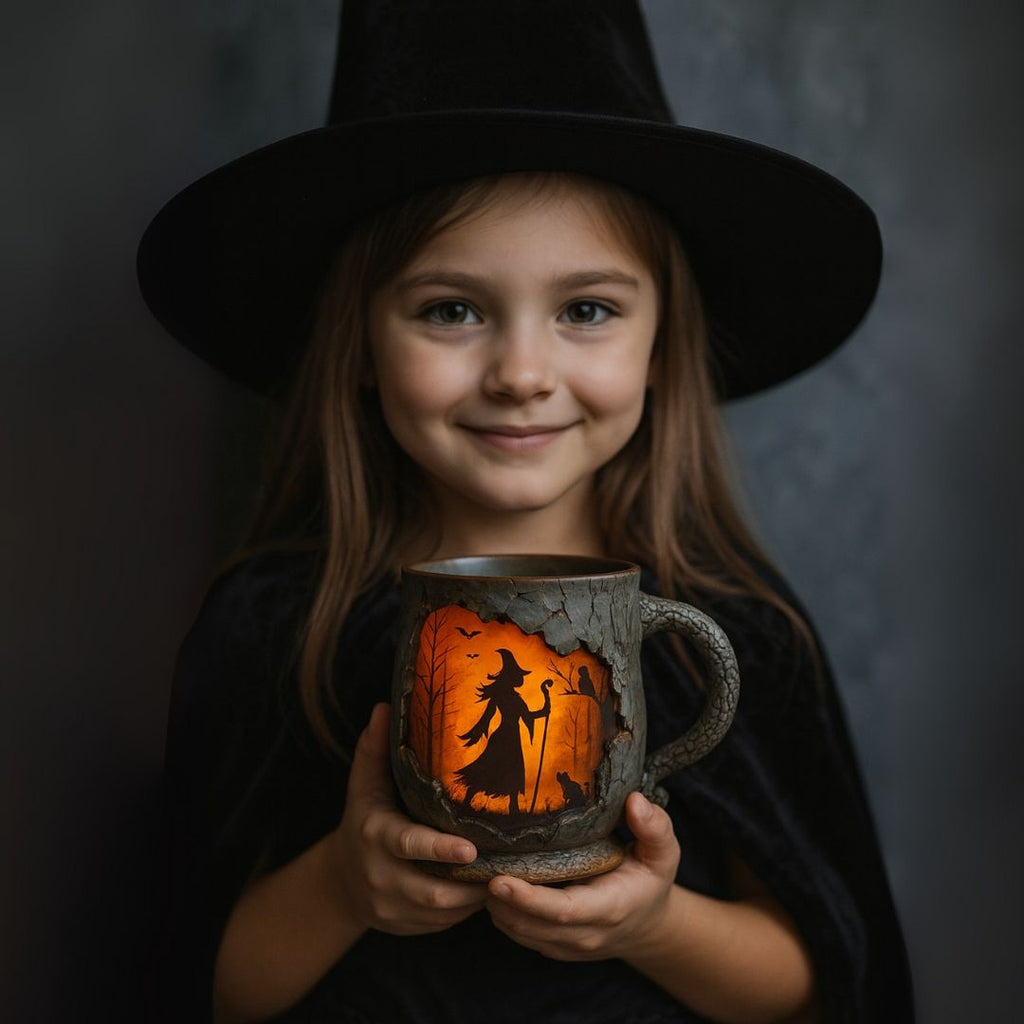 Halloween mug with textured bark-effect finish and witch scene