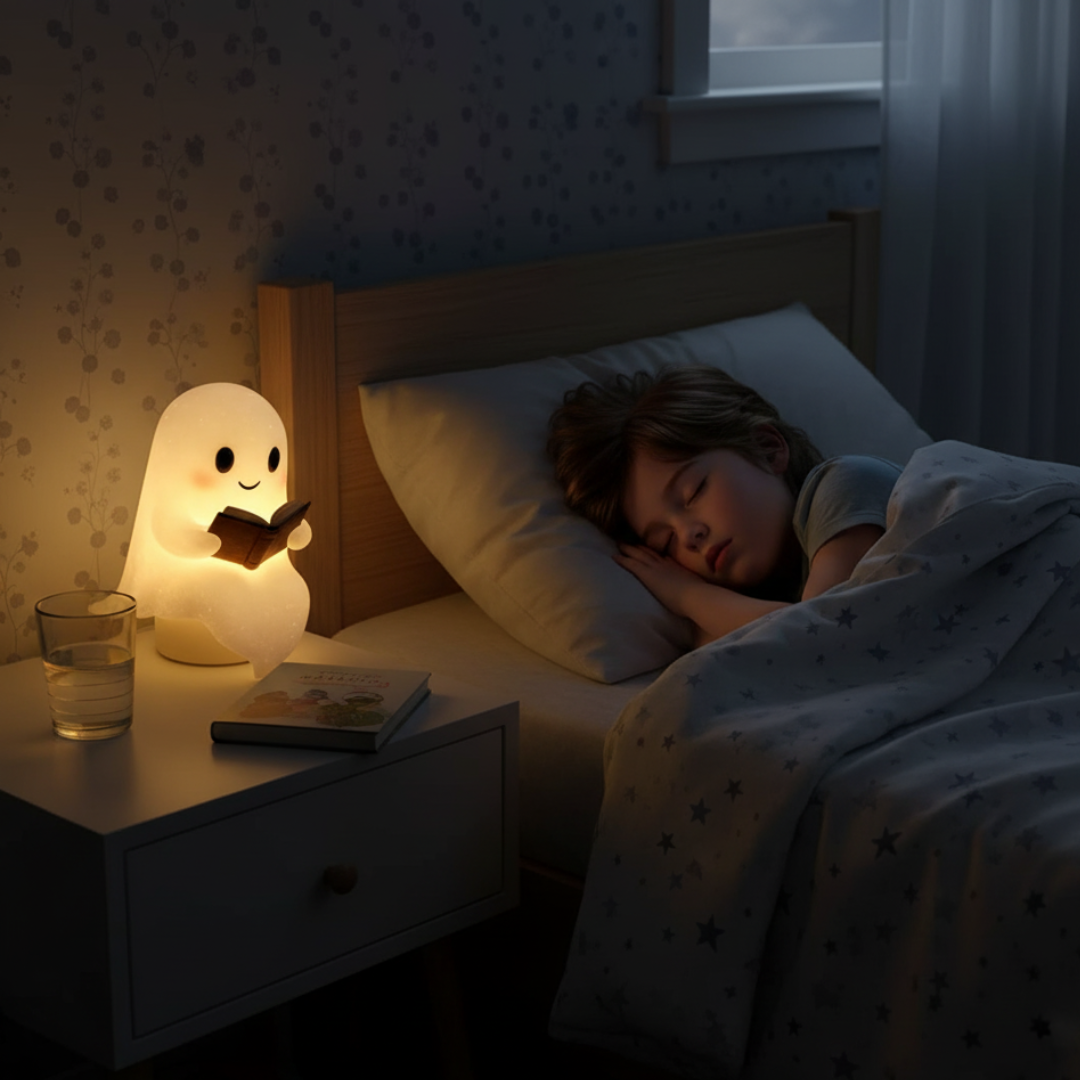 Glowing ghost table lamp holding an open book