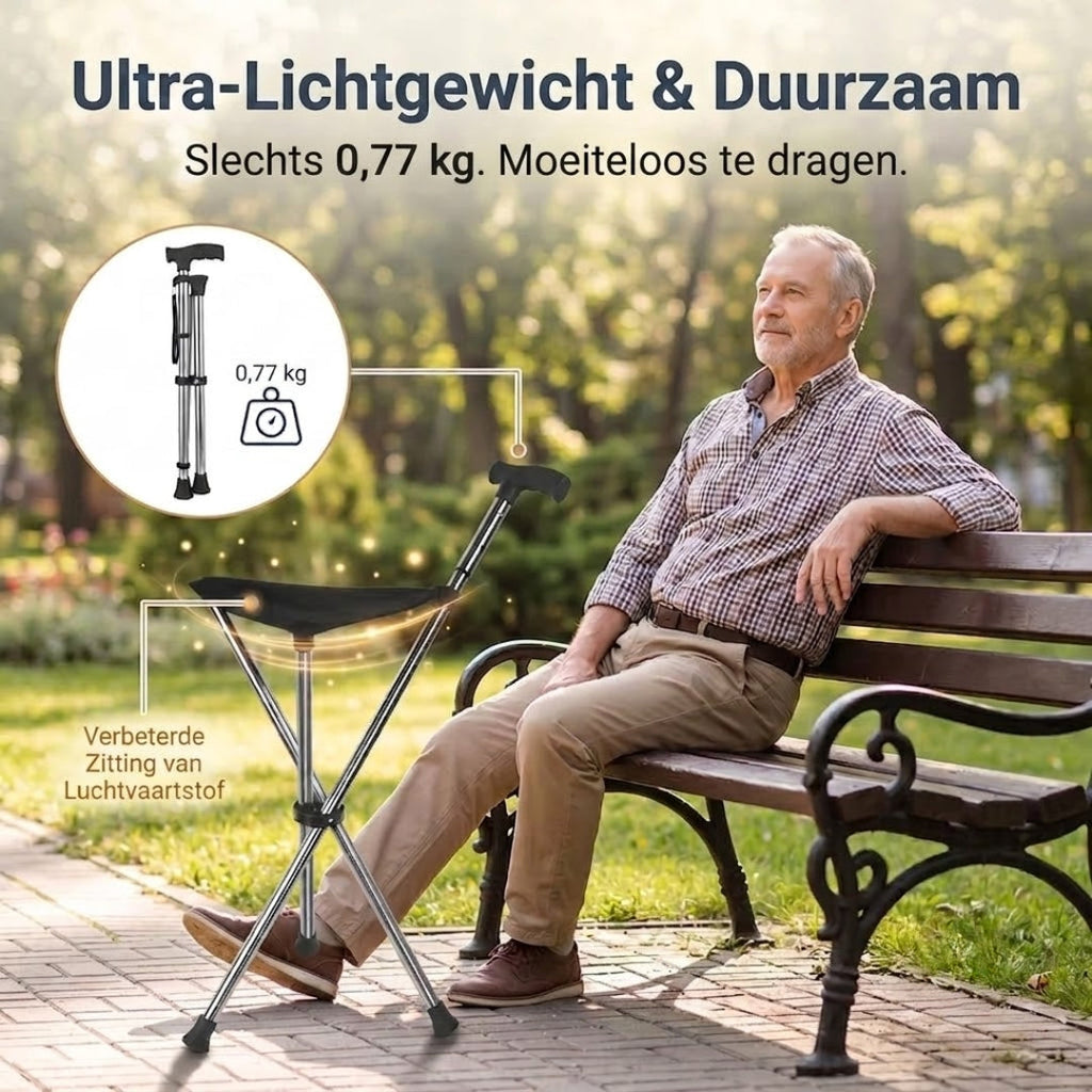 Folding walking cane with built-in seat and rubber feet